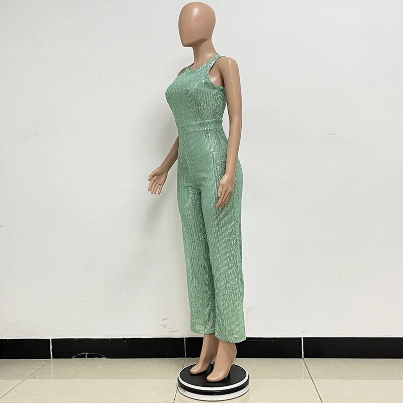 Elegant Silver Sequined Straight Cut Jumpsuit for Women