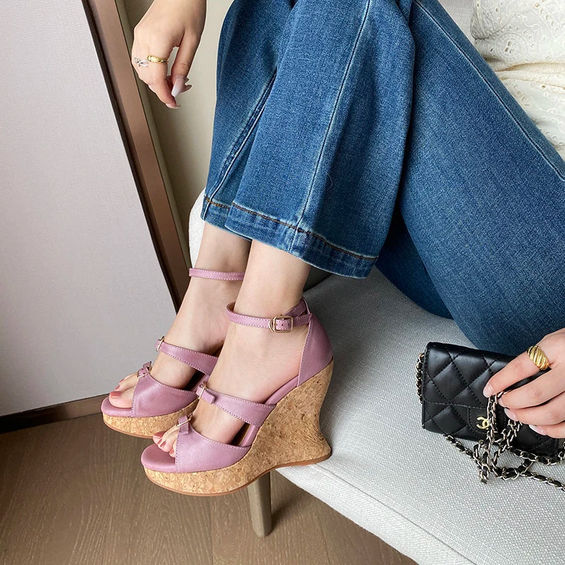 Elegant Apricot Buckle Platform Thick Heel Wedge Sandals for Women