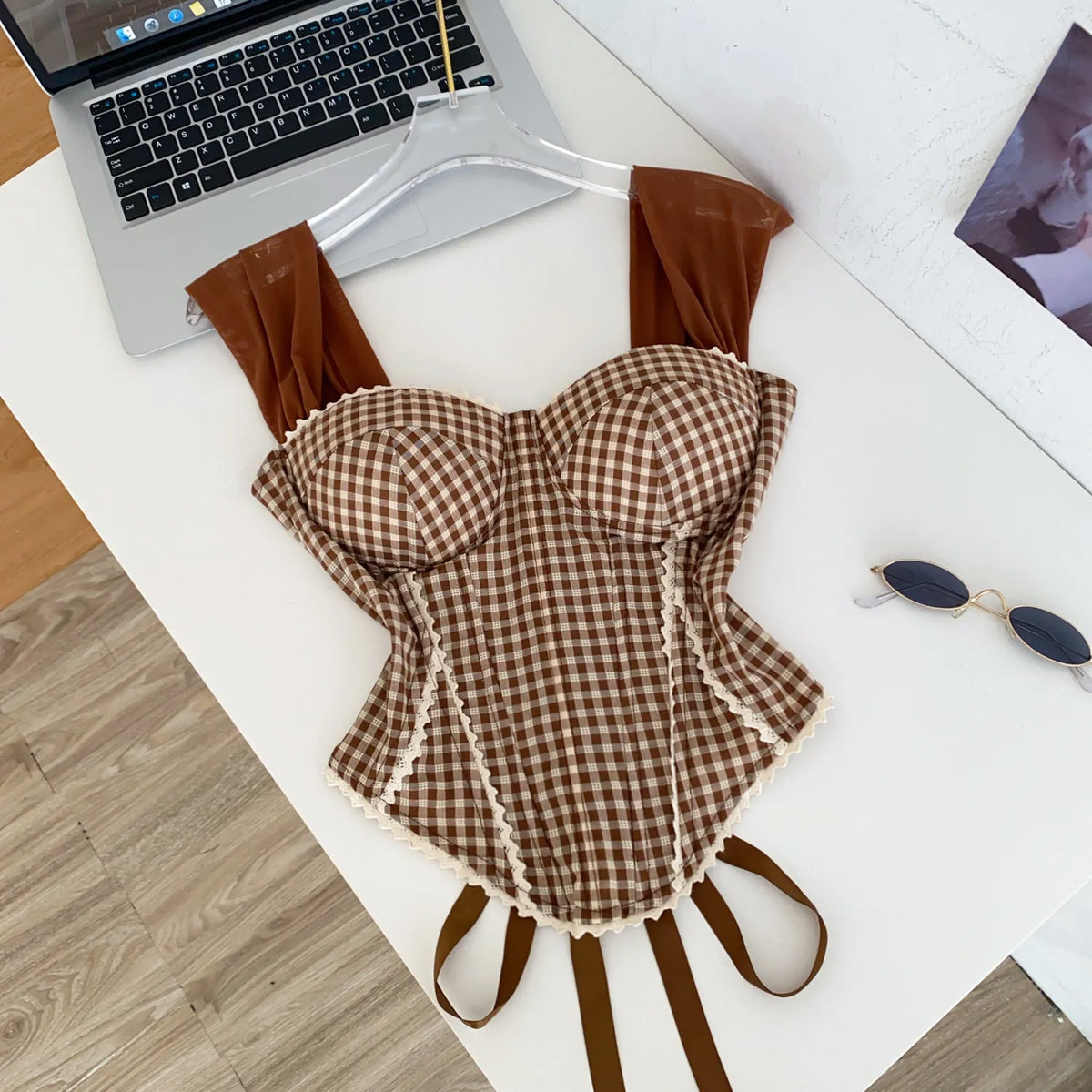 Retro Gingham Lace Up Bustier Corset Top for Women