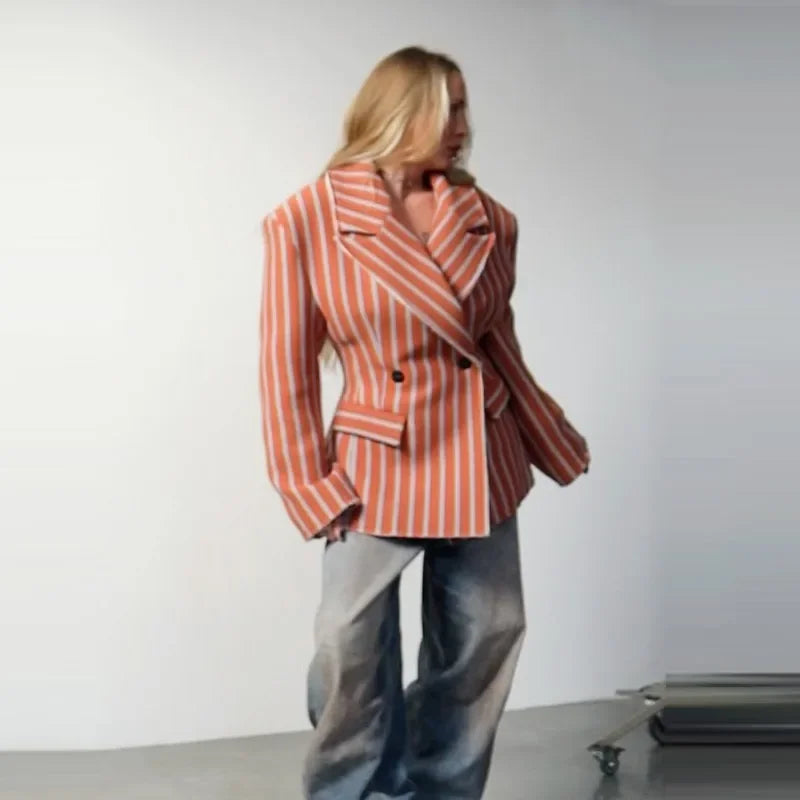 Striped Double-Breasted Blazer With Lapel for Women