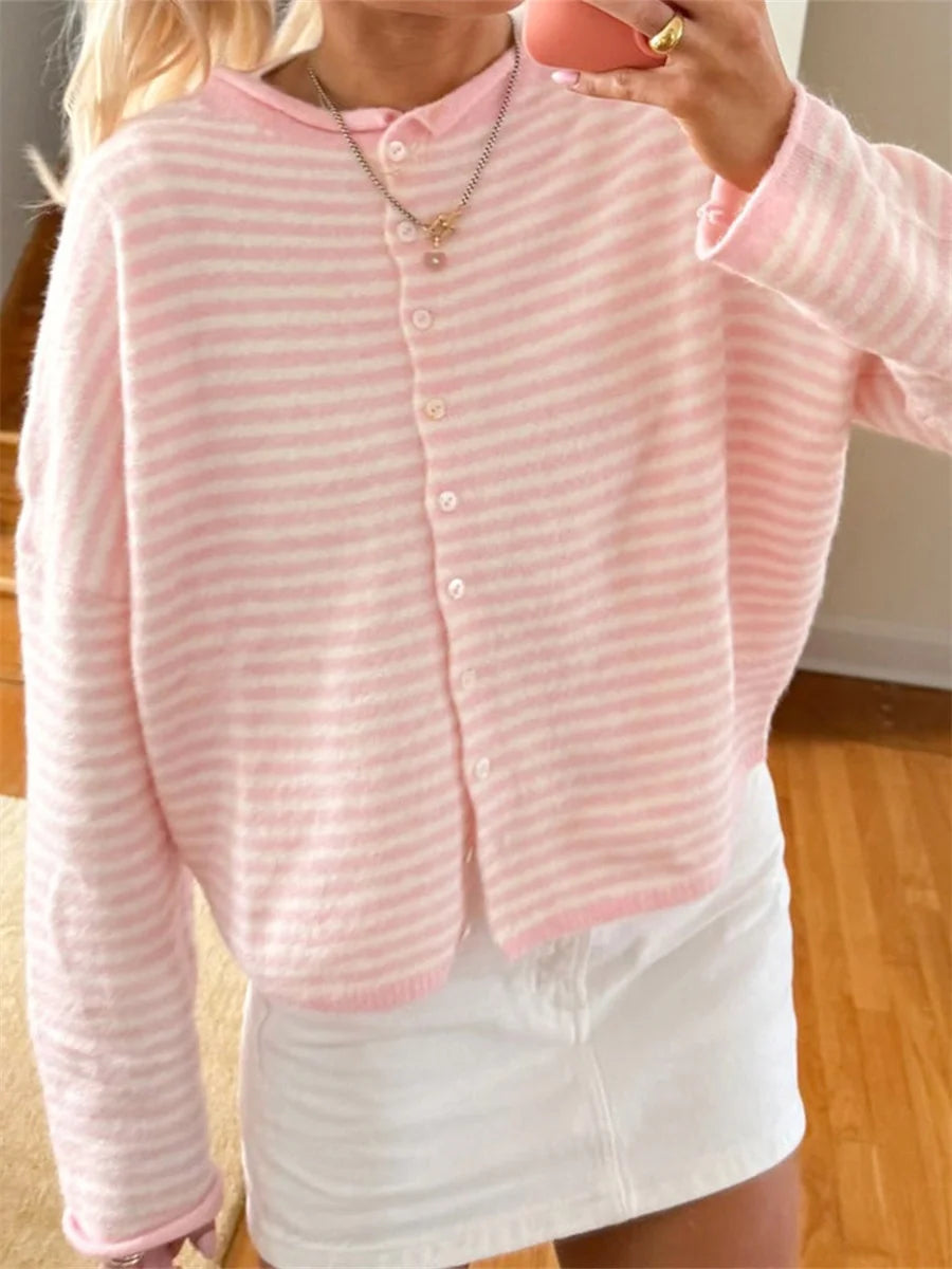 Striped Button Front Knit Cardigan Sweater for Women
