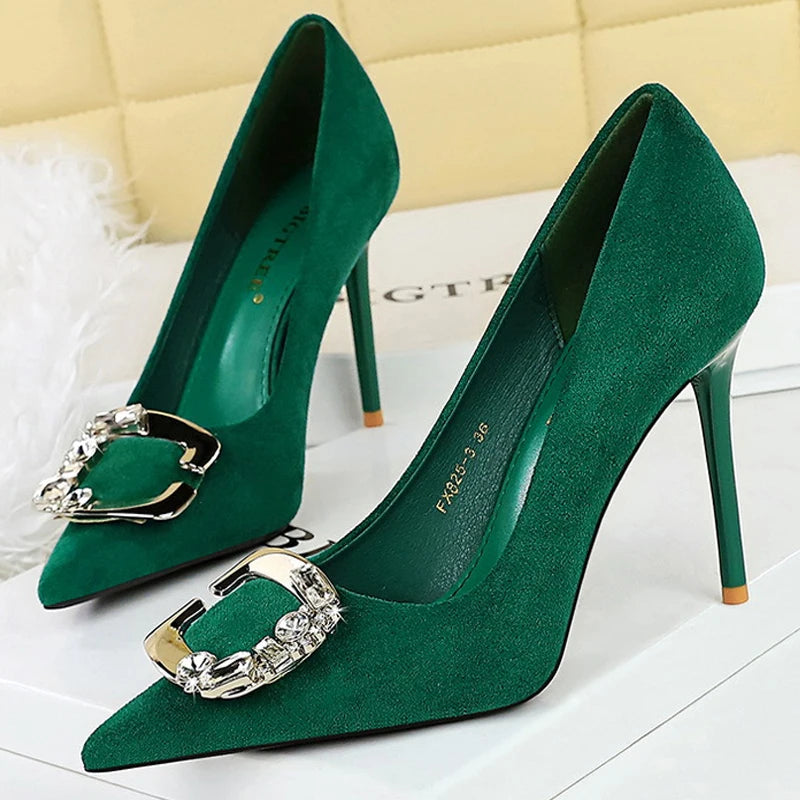 Elegant Rhinestone Buckle Suede High Heel Pumps for Women