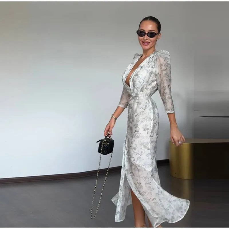 Printed Organza Deep V-neck Half Sleeve Cinched Waist Pleated Dress for Women