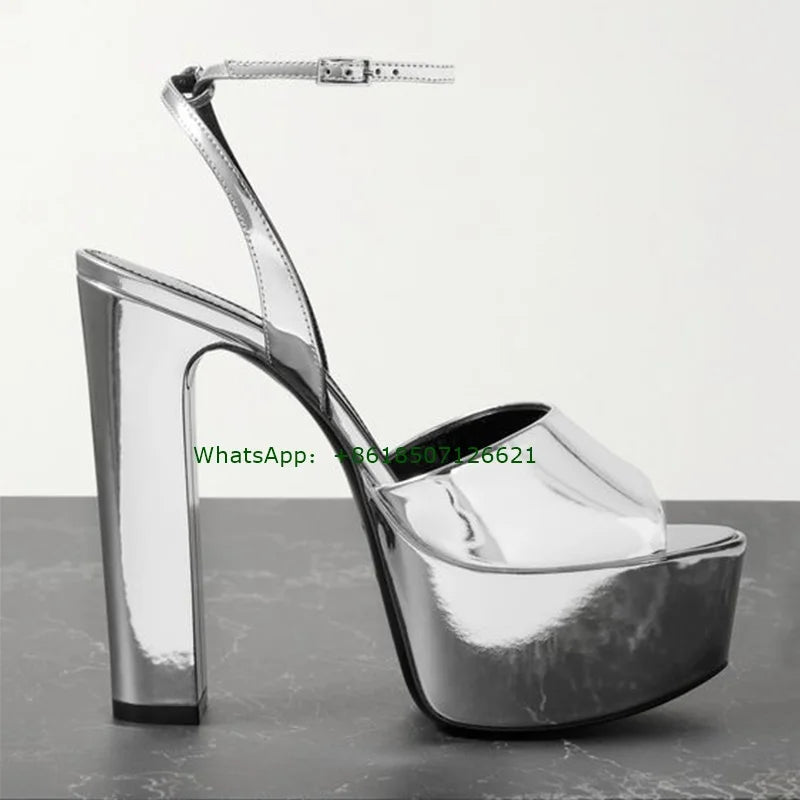 Silver Patent Leather Crystal Buckle Platform Sandals for Women