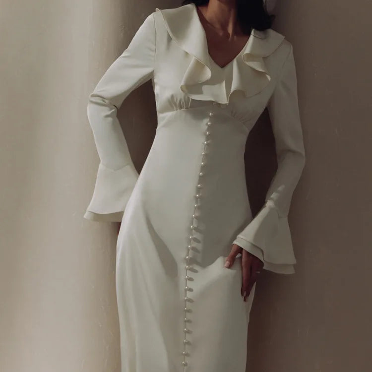 TARUXY Ruffle V Neck Elegant Dress For Women Slim Long Sleeve High Waist Temperament Dresses Femme Party Slit Long Dress Woman