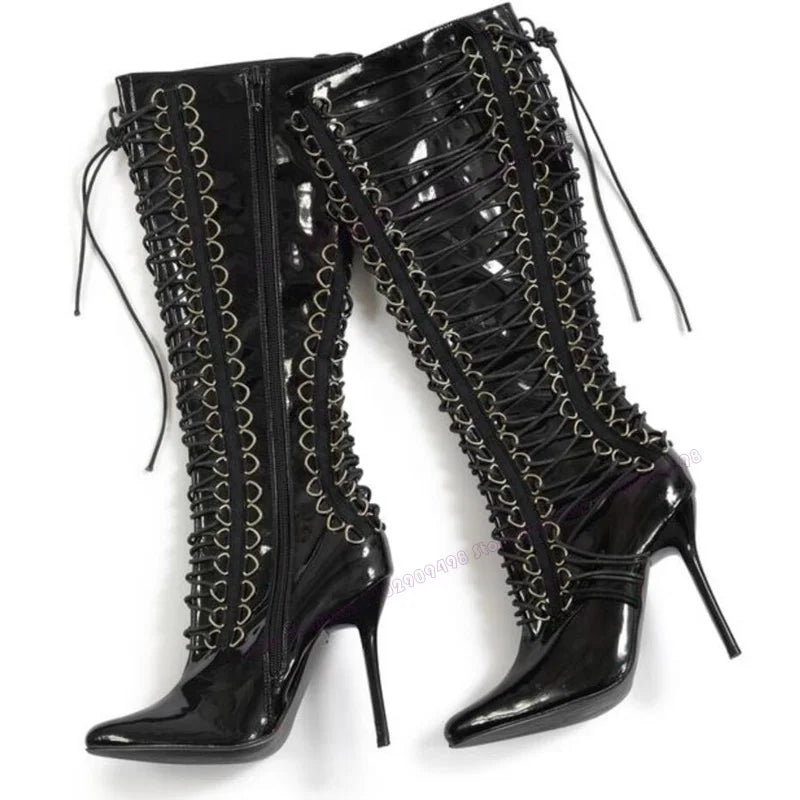 Cross-Tied Buckle Knee High Boots