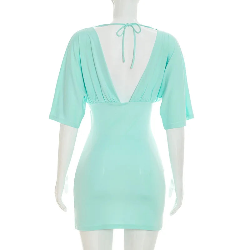Blue V-Neck Short Sleeve Stretch Mini Dress for Women