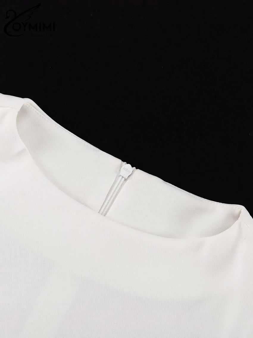 Oymimi Casual White O-Neck Dresses For Women Elegant Long Sleeve Slim Pockets Dresses Autumn Straight Mini Dress Female Clothing