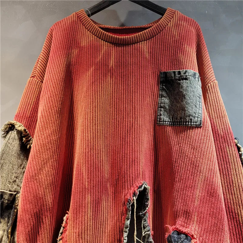 YEAE women's pullover long-sleeved tie-dye irregular old patchwork retro loose denim sweater 2024 autumn new fashion