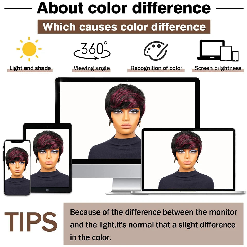 Short Black Burgundy Highlighted Pixie Wig For Women