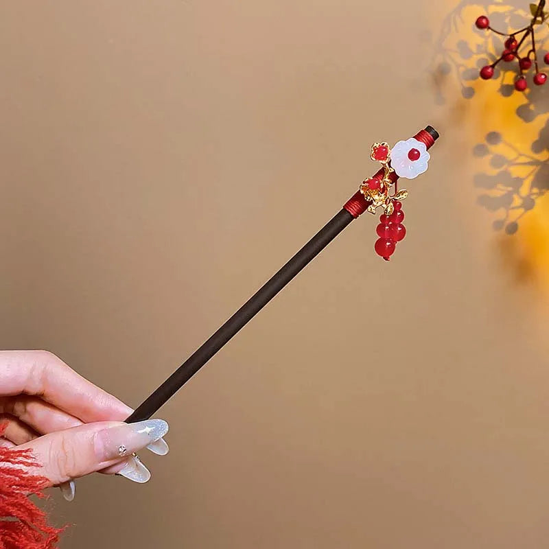 Red Floral Wooden Hanfu Hair Stick