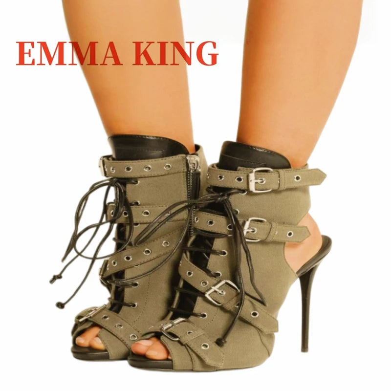 Lace Up Green Canvas Cutout Peep Toe Ankle Boots for Women
