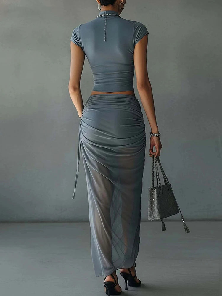 Patchwork Top And Maxi Skirt Two Piece Set for Women