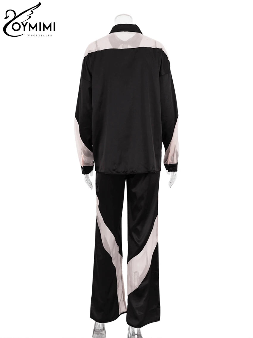 Oymimi Fashion Black Satin Patchwork 2 Piece Set Women Outfit Streetwear Long Sleeve Shirt With High Waist Pant Sets Y2k Clothes