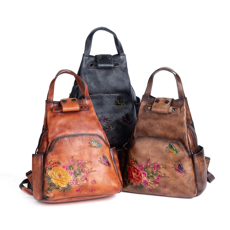 Genuine Leather Embossed Vintage Shoulder Bag for Women