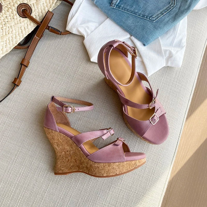 Elegant Apricot Buckle Platform Thick Heel Wedge Sandals for Women