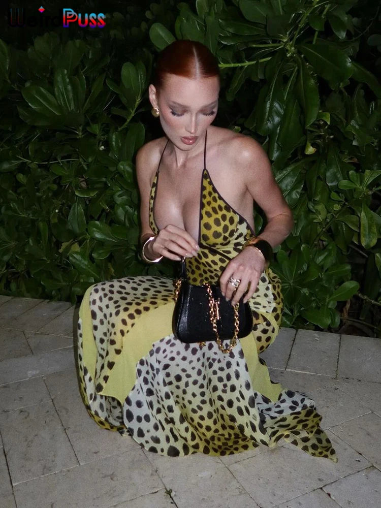 Leopard Print Halter Backless Chiffon Dress for Women