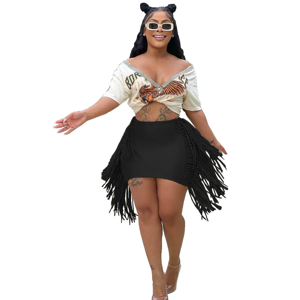 FAGADOER Sexy Tassel Bodycon Mini Skirts Party Club Outfits Women Fashion Chic Streetwear Short Birthday Holidays Skirt Solid
