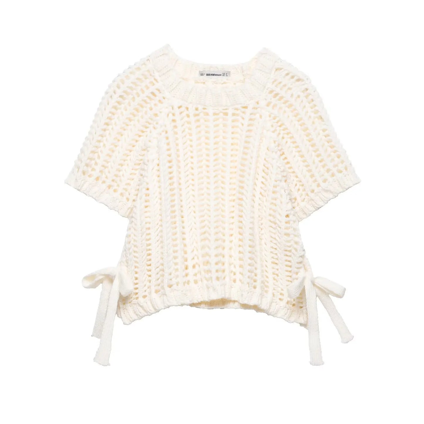 Soft Crochet With Side Bow Short Sleeves Knit Top For Women