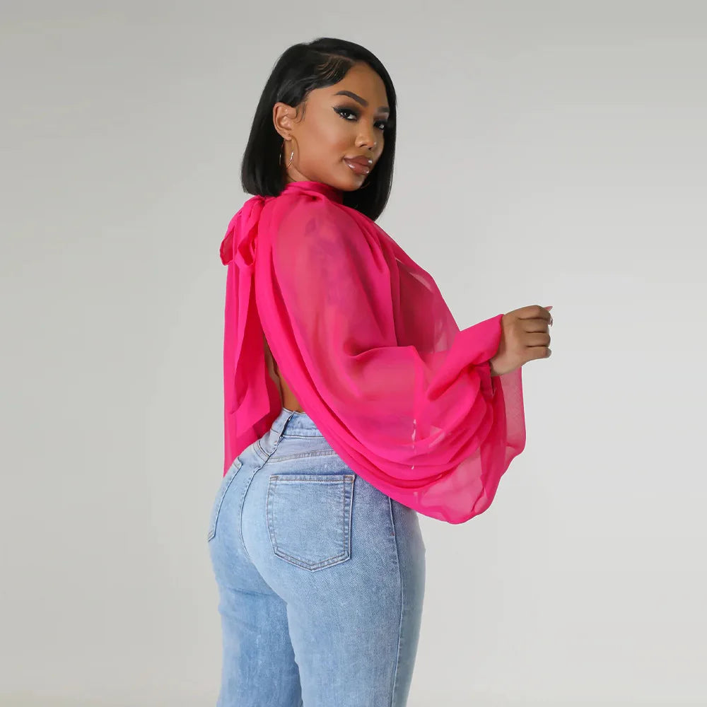 Sheer Lantern Sleeve Blouse with Tie Back for Women