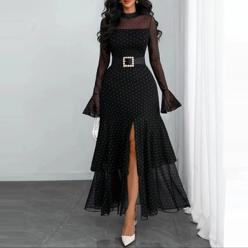 Pleated Polka Dot Ruffle Sleeve Maxi Dress for Women