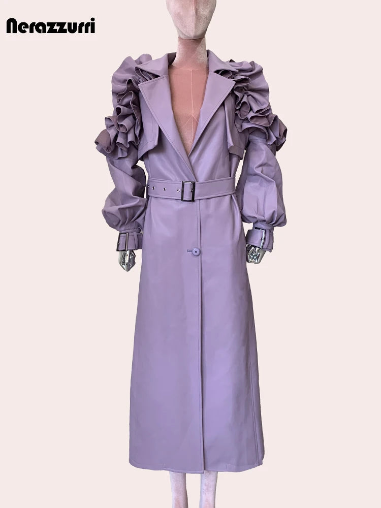 Long Purple Faux Leather Trench Coat With Ruffled Collar For Women