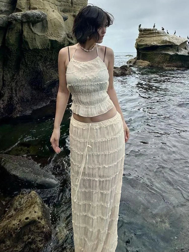 Elegant Backless Halter Two Piece Skirt Set for Women