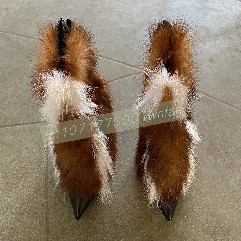 Faux Fur Trim Buckle Strap Stiletto Boots for Women
