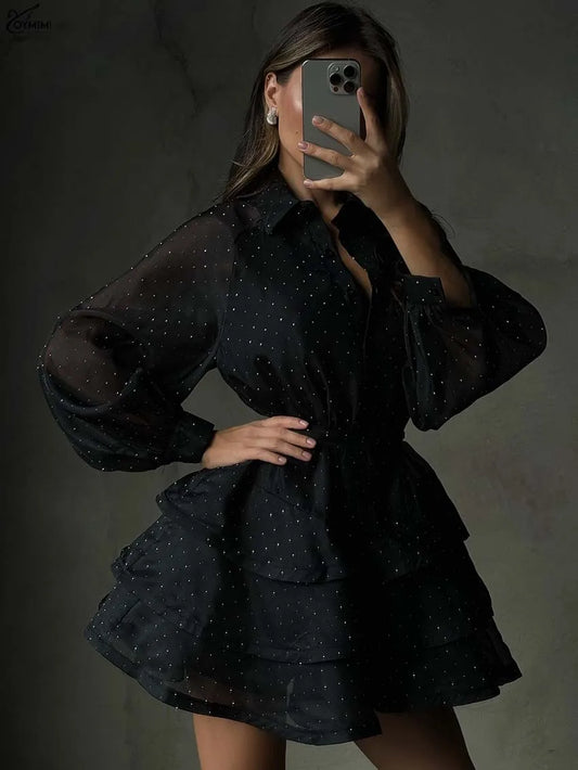 Oymimi Fashion Black Rhinestone Women's Dress Casual Lapel Long Sleeve Button Dresses Elegant New Lace-Up Pleated Mini Dresses
