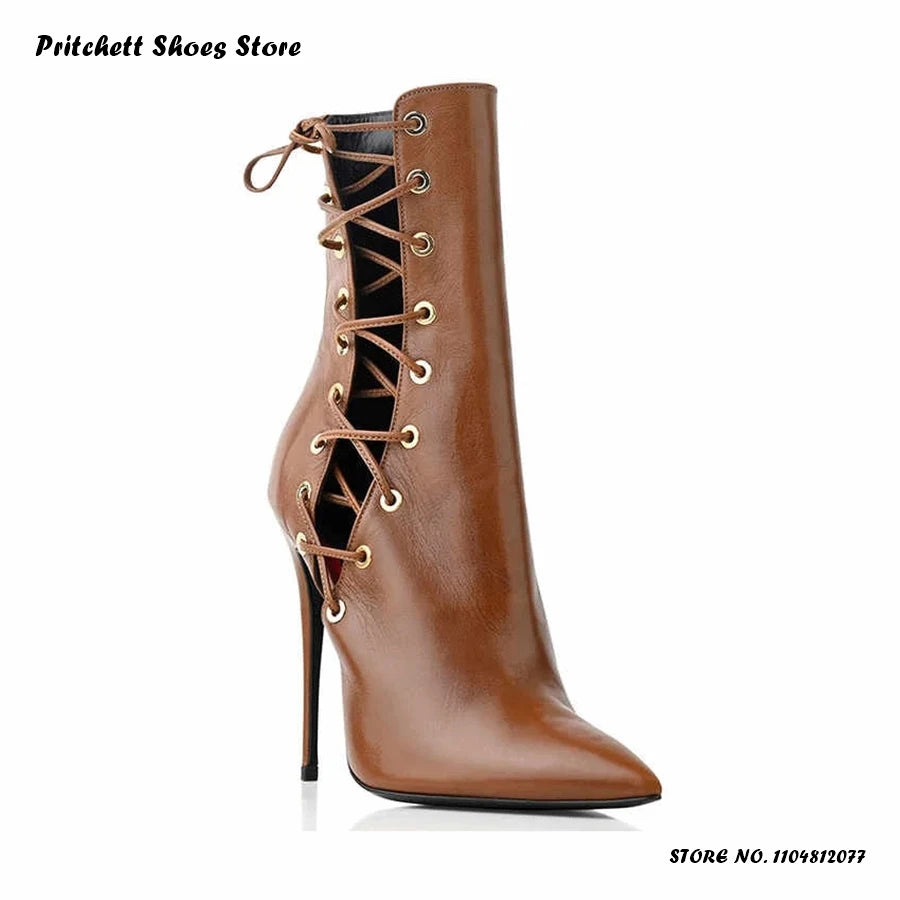 Elegant Pointed Toe Cut Out Lace Up Ankle Boots for Women