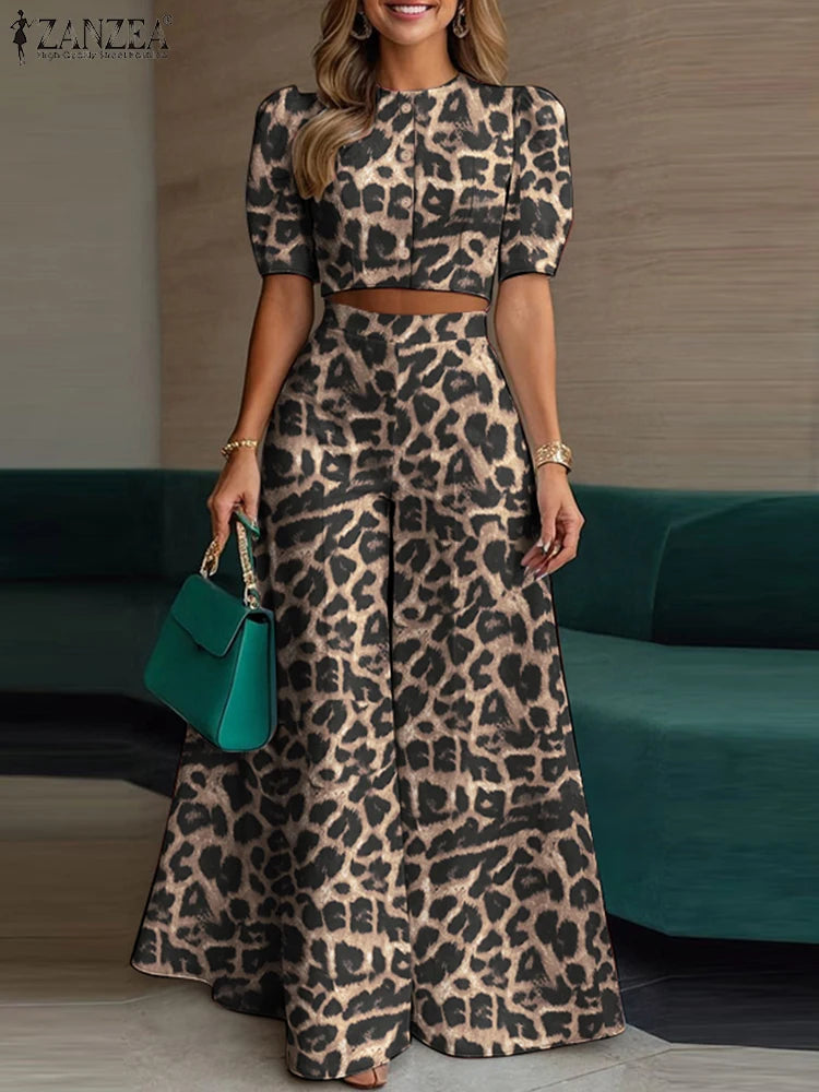 Leopard Print Puff Sleeve Pants Set