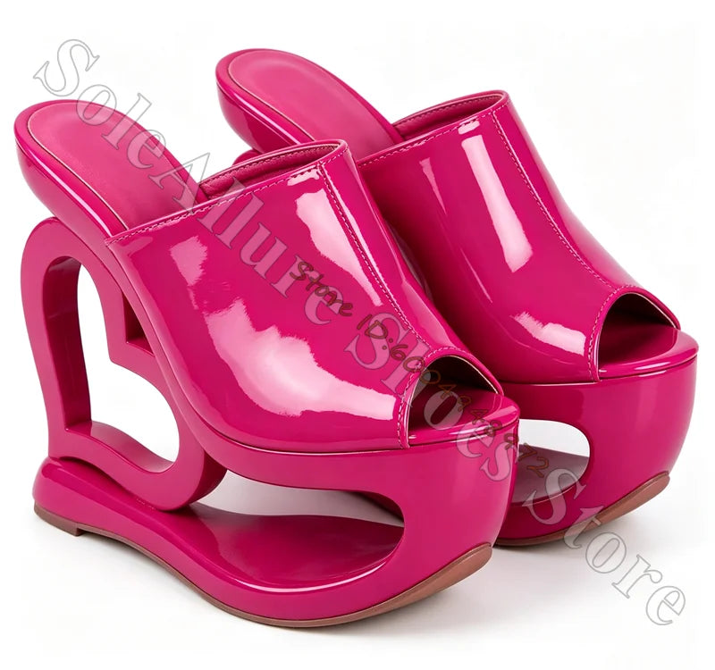 Patent Leather Heart Hollow Sculptural Wedge Mules for Women