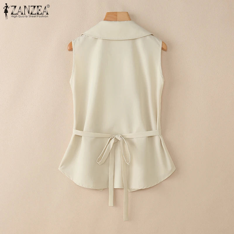 ZANZEA Elegant Women Sleeveless Blazer Fashion Lapel Neck Sashes Vest Tops 2025 Summer Lightweight Office Wear Commuting Tops