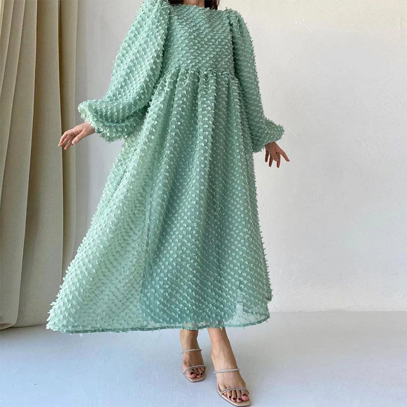 Pleated Lantern Sleeve Ankle Length Dress for Women