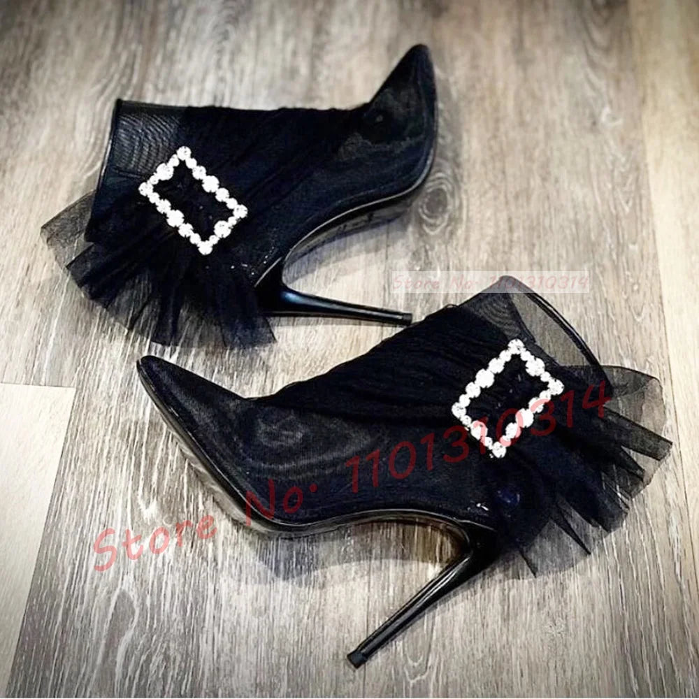 See Through Mesh Crystal Buckle Ankle Booties for Women