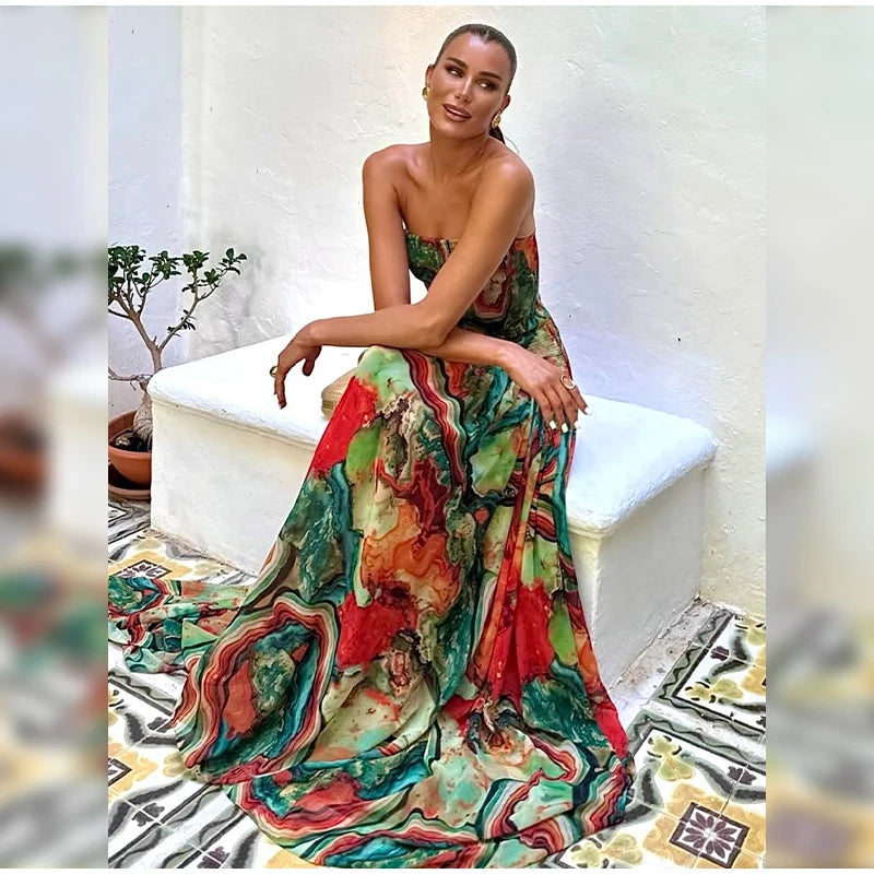Strapless Pleated Waist Printed Cocktail Dress For Women