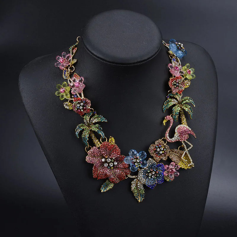 Colorful Rhinestone Flamingo Statement Necklace for Women