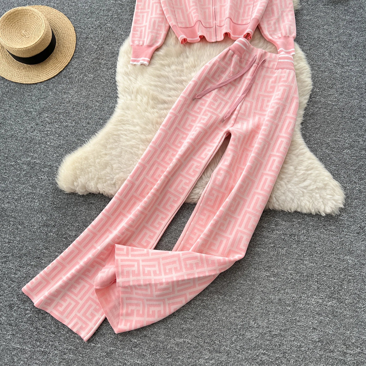 Geometric Print Hooded Knit Two Piece Set for Women