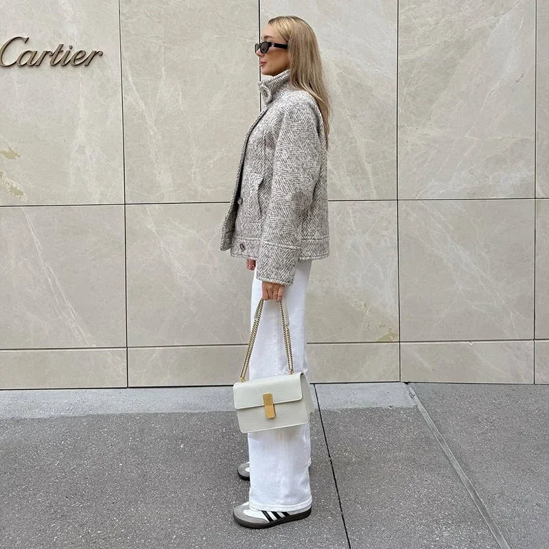 Elegant Print Stand Collar Tailored Long Coat for Women