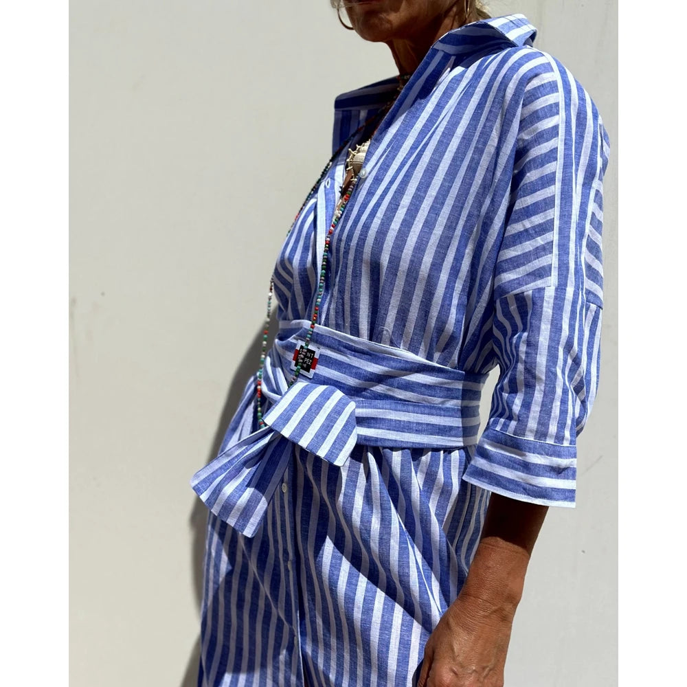 2025 Summer New Women's Stripe Lapel Half Sleeve Shirt Dress Turn-down Collar Button Front Midi Dress With Belt