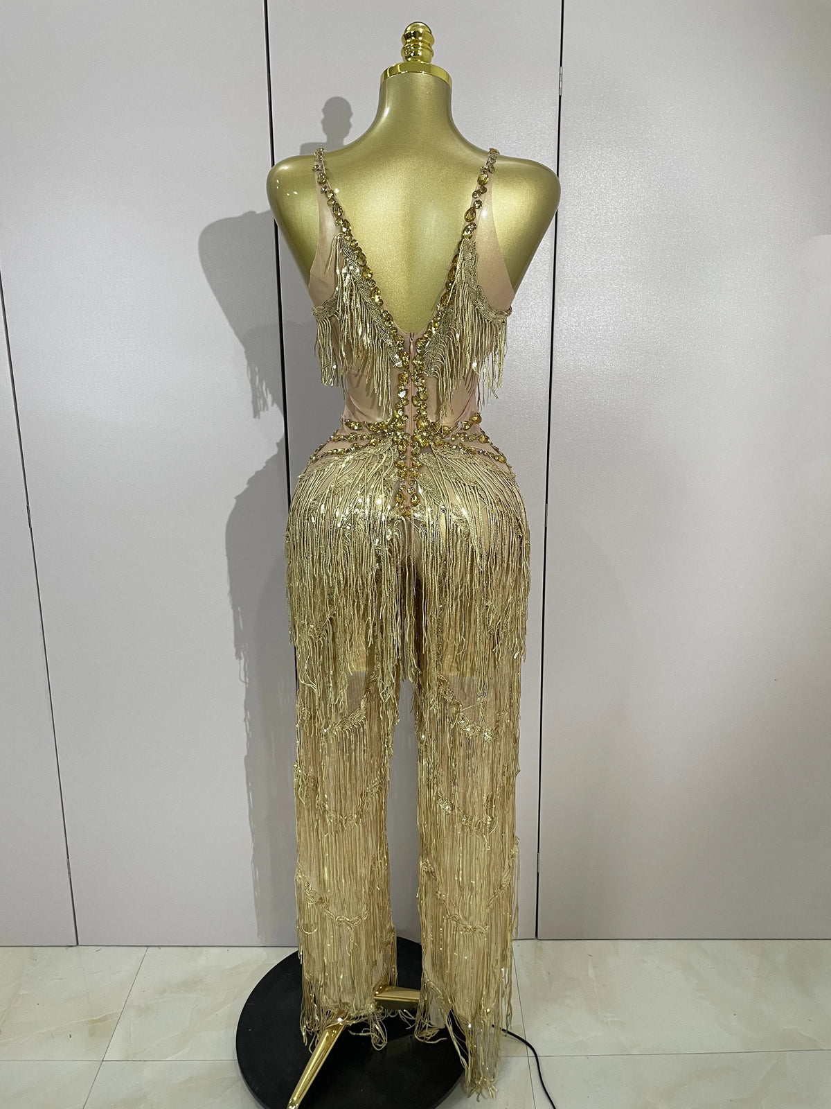 Sparkly Black Rhinestones Sequined Fringe Jumpsuit Women Sexy Nightclub Party Birthday Outfit Show Singer Stage Perform Costume