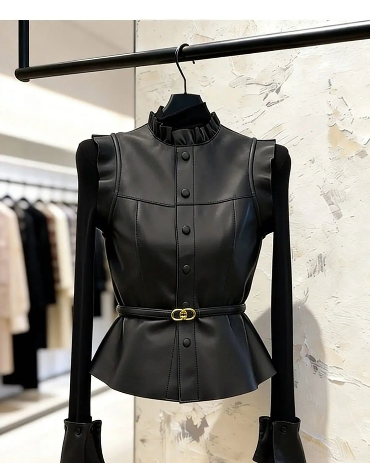 Vintage Black Ruffle Single Breasted Sleeveless Vest For Women