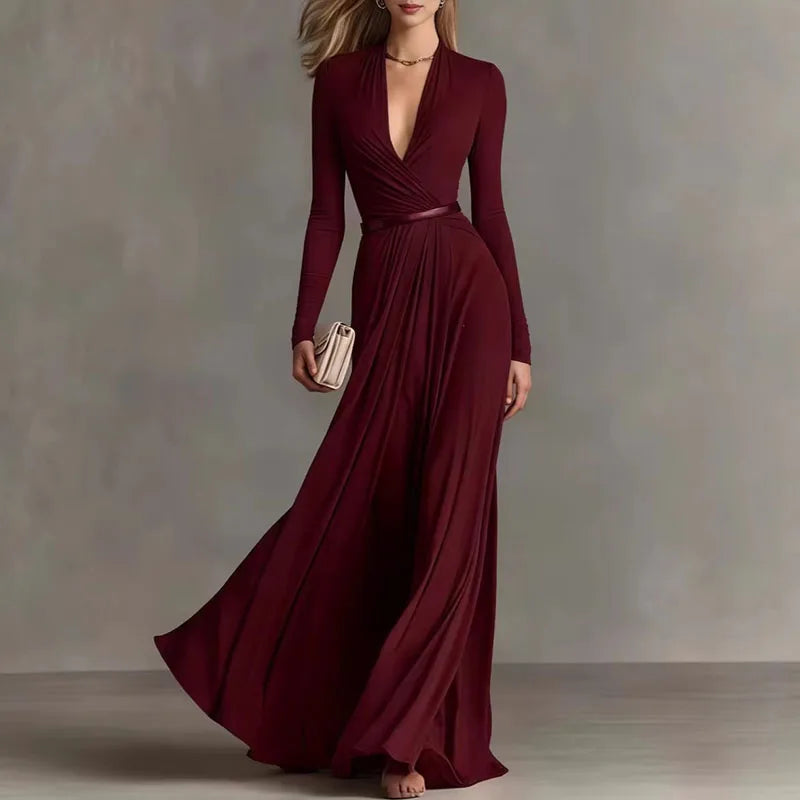 Deep V Neck Ruched Waist Long Sleeve Maxi Dress for Women