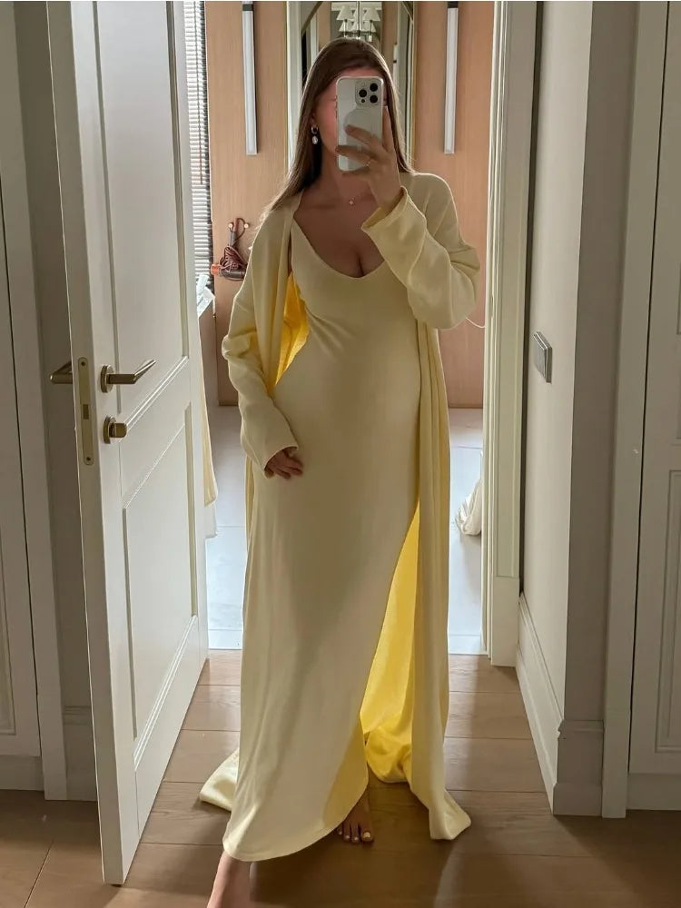 V-Neck Ribbed Knit Maxi Dress Set