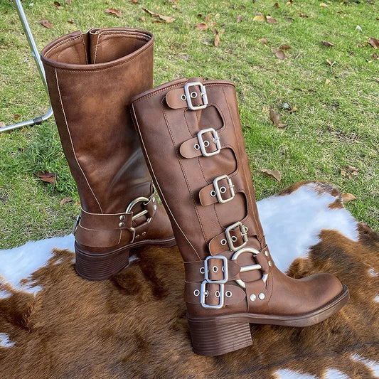 Vintage Brown Soft Leather Mid calf Boots With Metal Buckle For Women