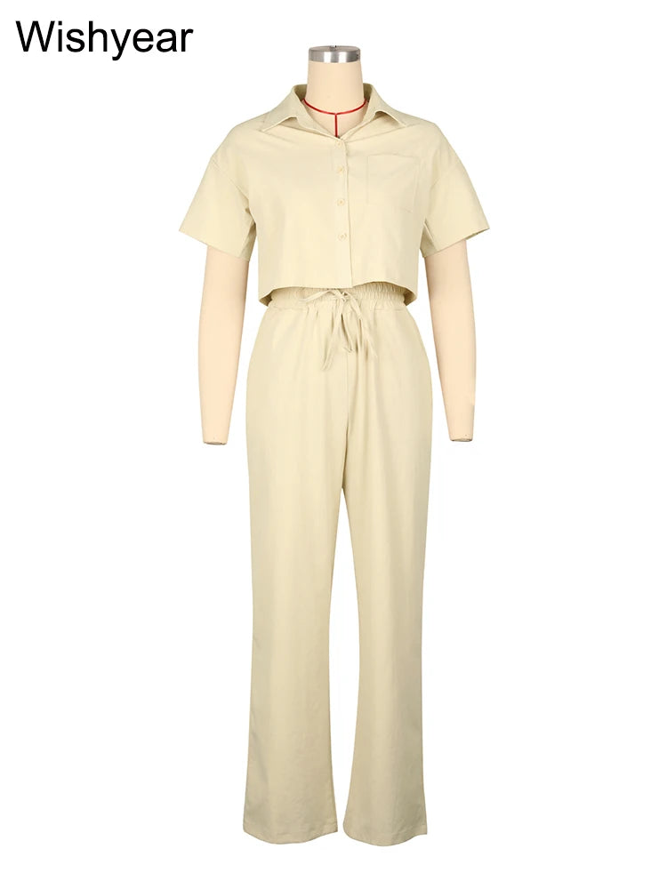 Casual Sports Linen Outfits Women's Short Sleeve Shirt and Wide Leg Pants Autumn 2 Piece Set Streetwear Office Fashion Tracksuit