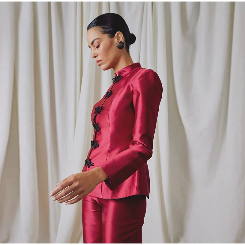 Chinese Knot Stand Collar Long Sleeve Jacket for Women