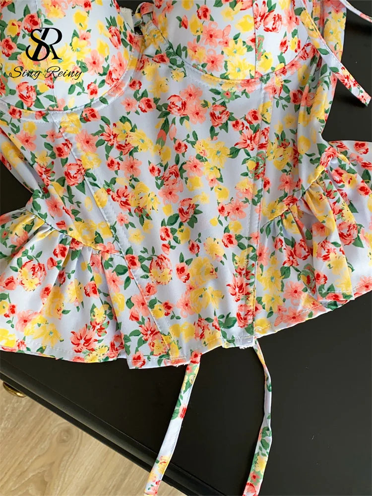 Summer Floral Lace-Up Corset Camisole Top for Women