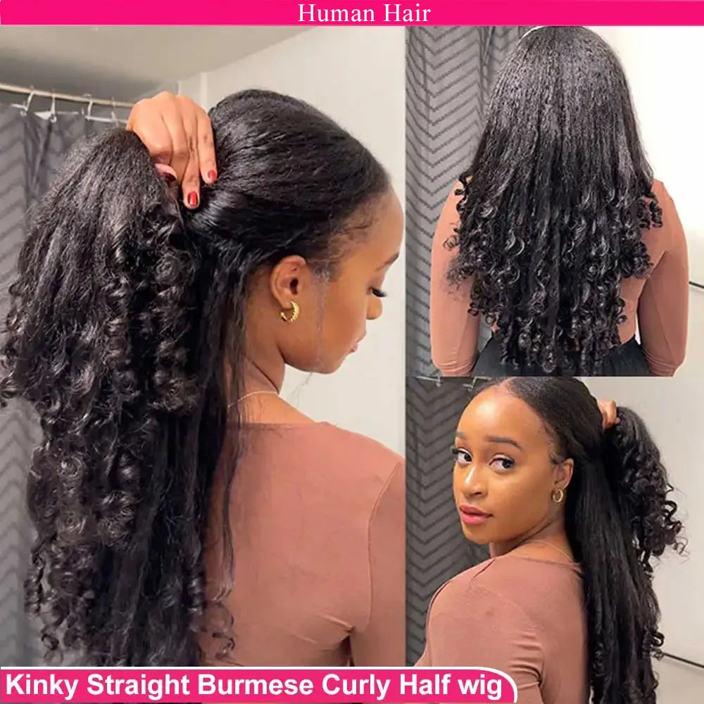 Glueless Kinky Straight Human Hair Half Wig For Women