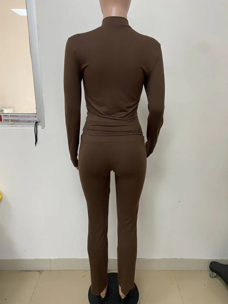 Zip Up Crop Top and High Waist Pants Tracksuit Set for Women